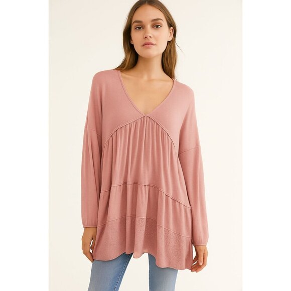 T Party Women's Boho Tunic Top with Lace Long-sleeves Misty Rose Size Medium - Picture 1 of 5